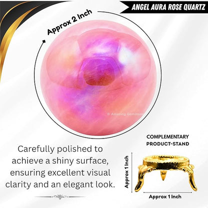 Amazing Gemstone Angel Aura Rose Quartz Crystal Ball with Stand - 2" Inches Crystal Sphere