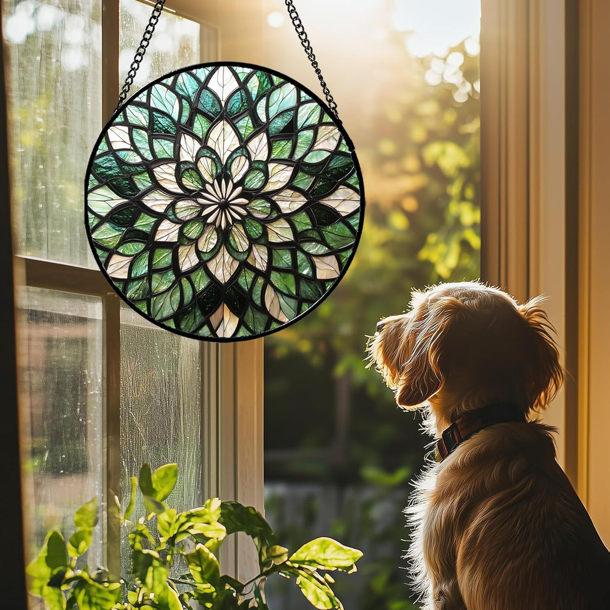 Stained Glass Window Hanging - Abstract Gradient Flowers Suncatcher for Doors Window Home Green Sun