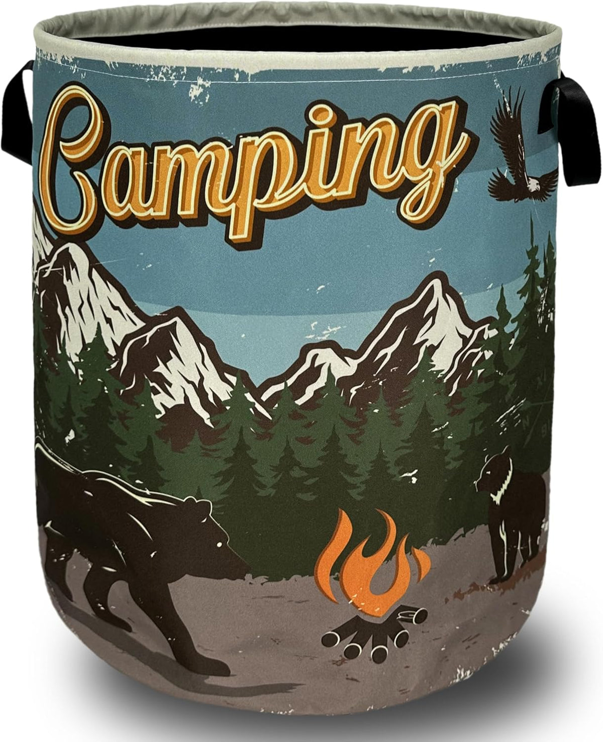 Retro Camping Mountain Bear Laundry Basket Foldable With Handles Tote Bag Oxford Cloth Funny