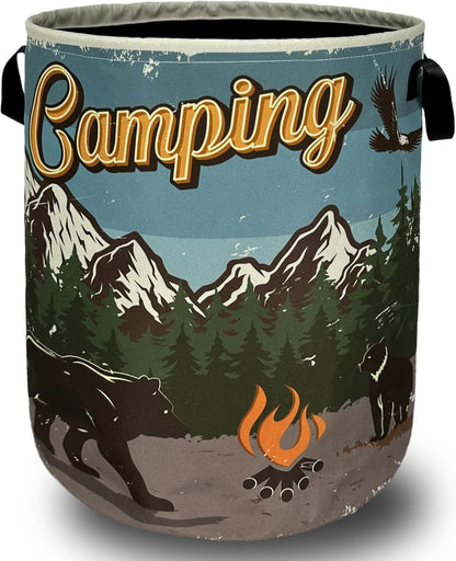 Retro Camping Mountain Bear Laundry Basket Foldable With Handles Tote Bag Oxford Cloth Funny