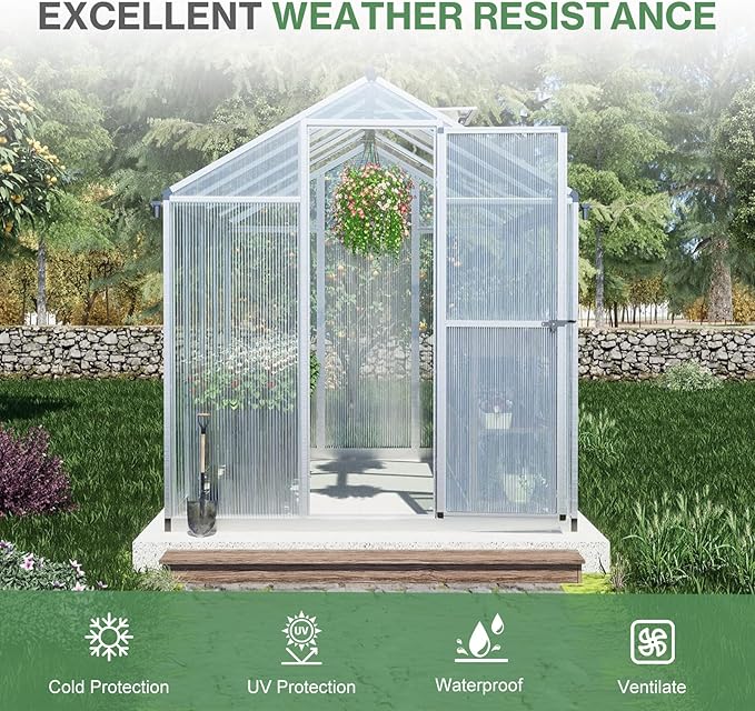Aoodor 6 x 8 Ft Walk-in Greenhouse with Gutter, Polycarbonate and Heavy-Duty Aluminum Frame