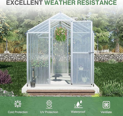 Aoodor 6 x 8 Ft Walk-in Greenhouse with Gutter, Polycarbonate and Heavy-Duty Aluminum Frame