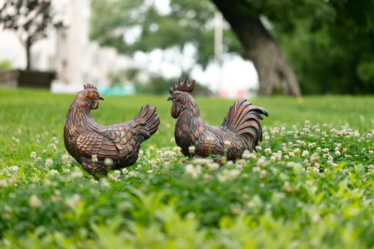 Metal Chicken Yard Decor, Farmhouse Metal Rooster Hen Yard Art, Outdoor Chicken Garden Statues
