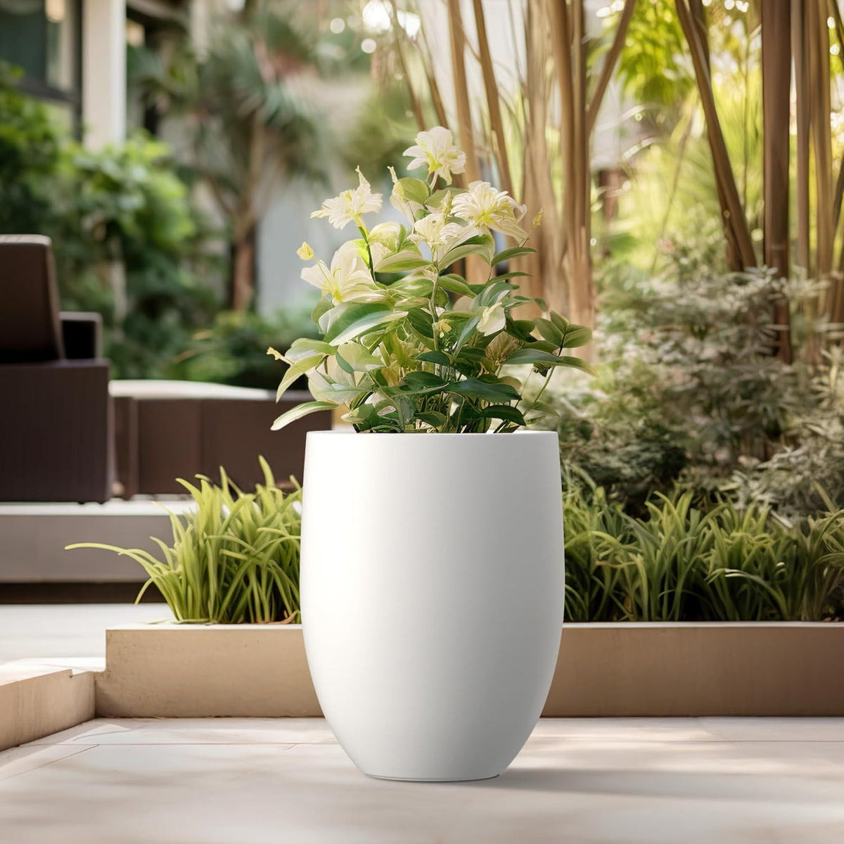Kante 21.7" H White Concrete Tall Planter, Large Outdoor Indoor Decorative Pot with Drainage Hole