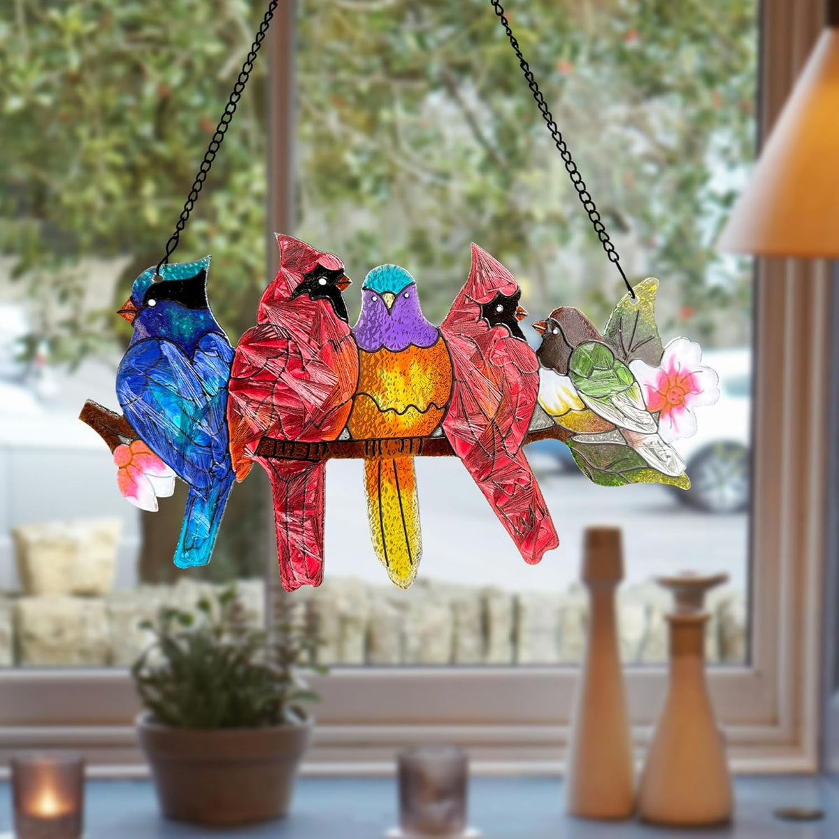 Stained Glass Window Hanging - Large Stained Glass Birds on Branch, Birds Sun Catchers Indoor