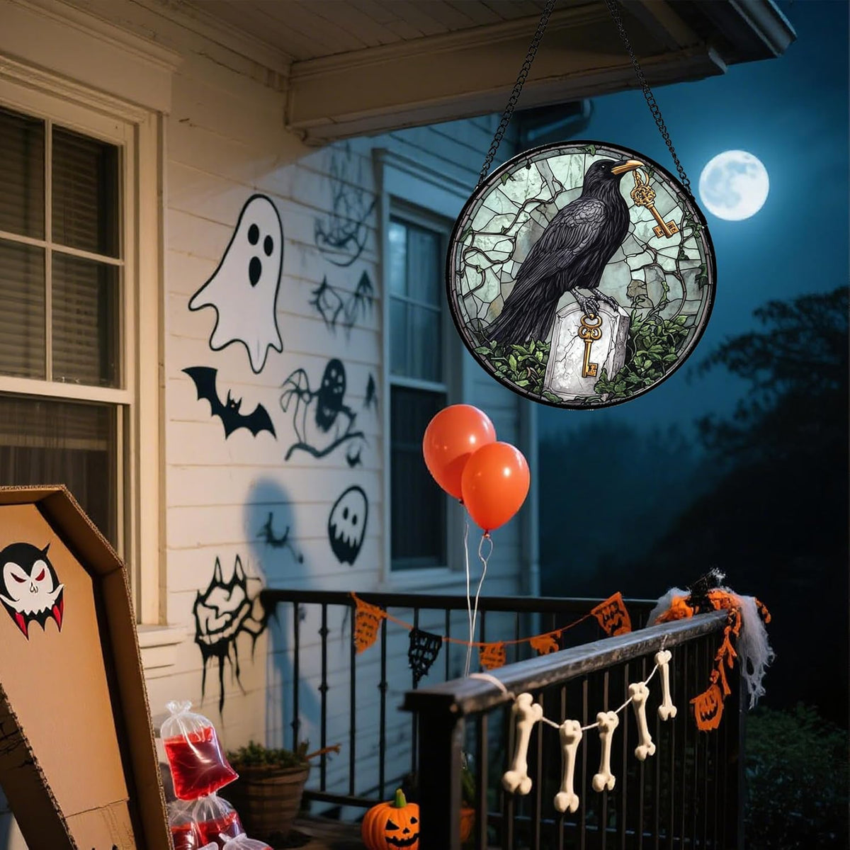 Stained Glass Window Hanging - Halloween Crow Holding A Key Suncatcher for Doors Garden Home Spooky