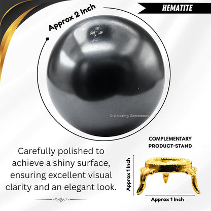 Amazing Gemstone Hematite Crystal Ball with Stand - 2 Inches Crystal Sphere Meditation Balls for