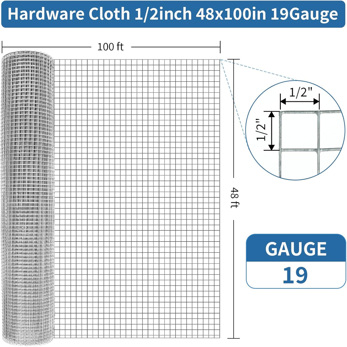Hardware Cloth 1/2 Inch 48in X 100ft- Hot Dip Galvanized After Welding Wire Mesh Roll, 19 Gauge