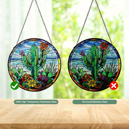 Cactus Handmade Stained Glass Window Hanging Suncatcher with Chain - 7.9" Outdoor/Indoor Art Decor