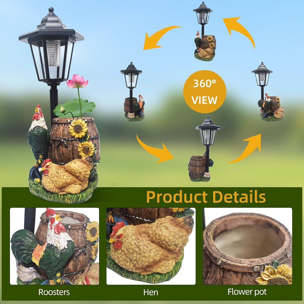 Rooster Statues Outdoor Solar Sculptures with Solar Lights and Flowerpot Funny Garden Decor Animal