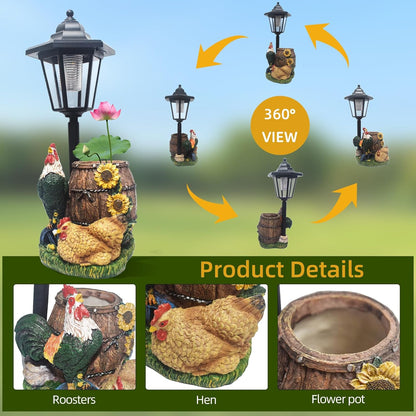 Rooster Statues Outdoor Solar Sculptures with Solar Lights and Flowerpot Funny Garden Decor Animal