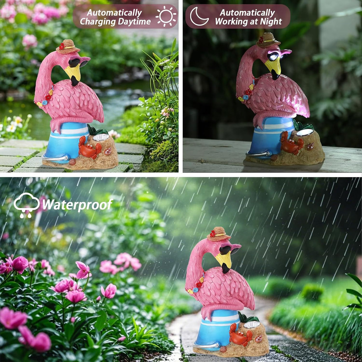 Flamingo Garden Statue Outdoor Decor, Resin Garden Flamingo Figurine Sculpute with Solar Lights for