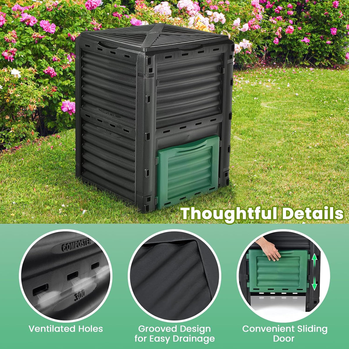 Compost Bin Outdoor, 80 Gallon Garden Compost Bin with Top Lid & Bottom Door, Aerating Outdoor