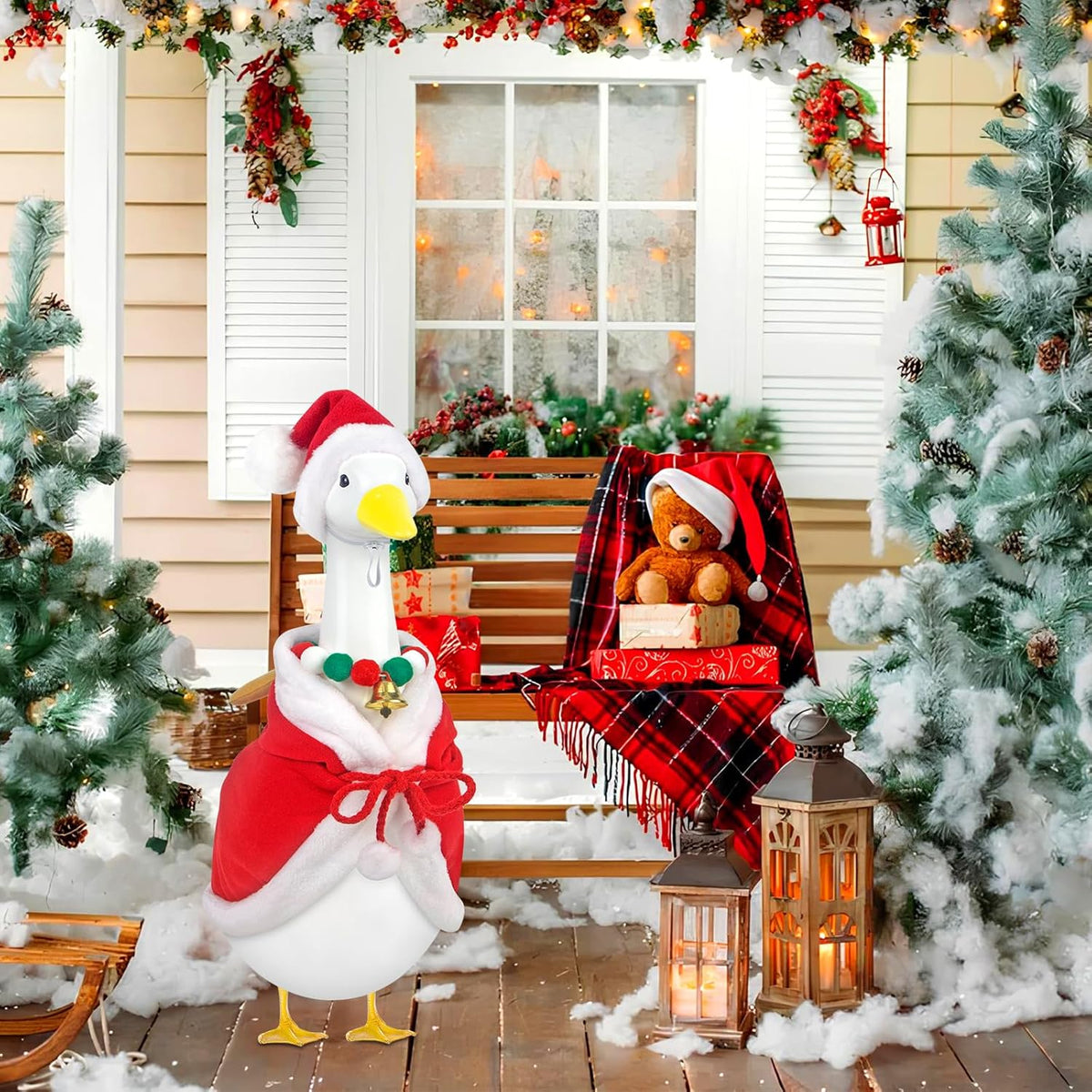 Christmas Porch Goose Outfits Mrs. Claus Goose Clothes Fits 23" Plastic Cement Statues, Red Cloak