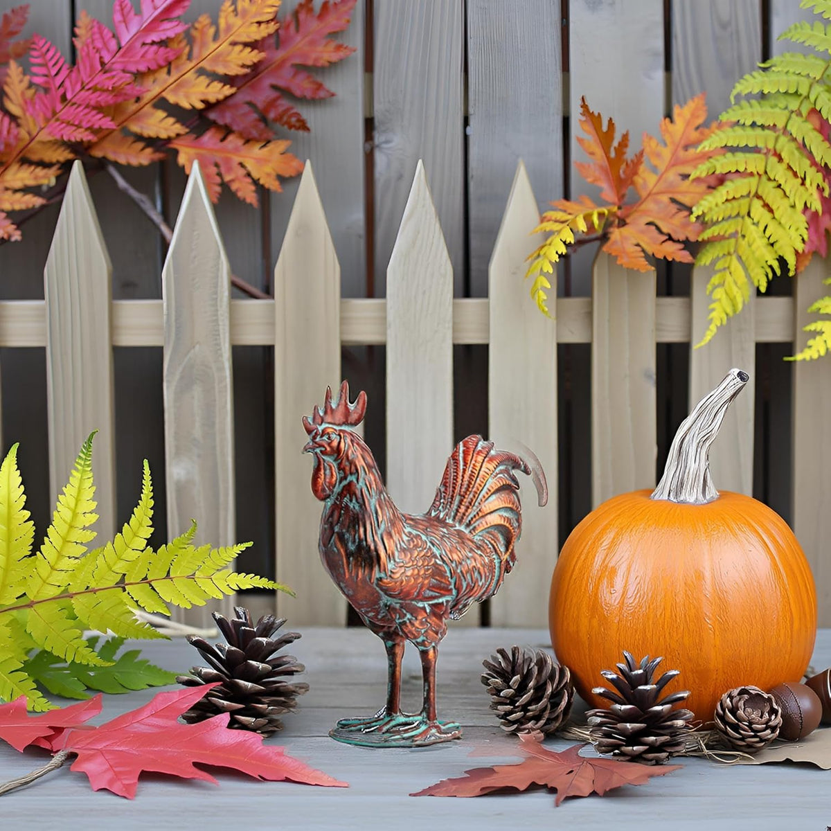 Metal Rooster Statue Garden Yard Decor,15.7"L x 18.8"H Metal Chickens Yard Art, Vintage Outdoor