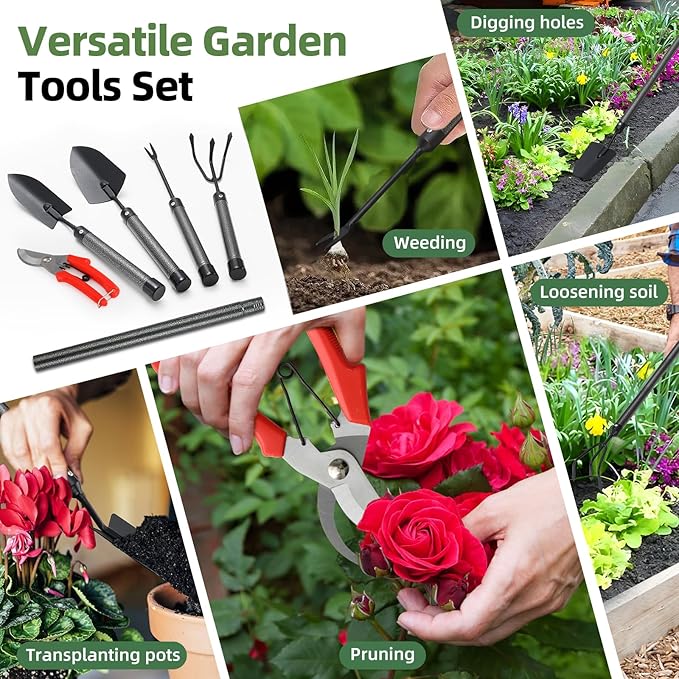 Garden Tool Set, 5Pcs Garden Tools with Extensions, Heavy Duty Rustproof Metal Gardening Tool