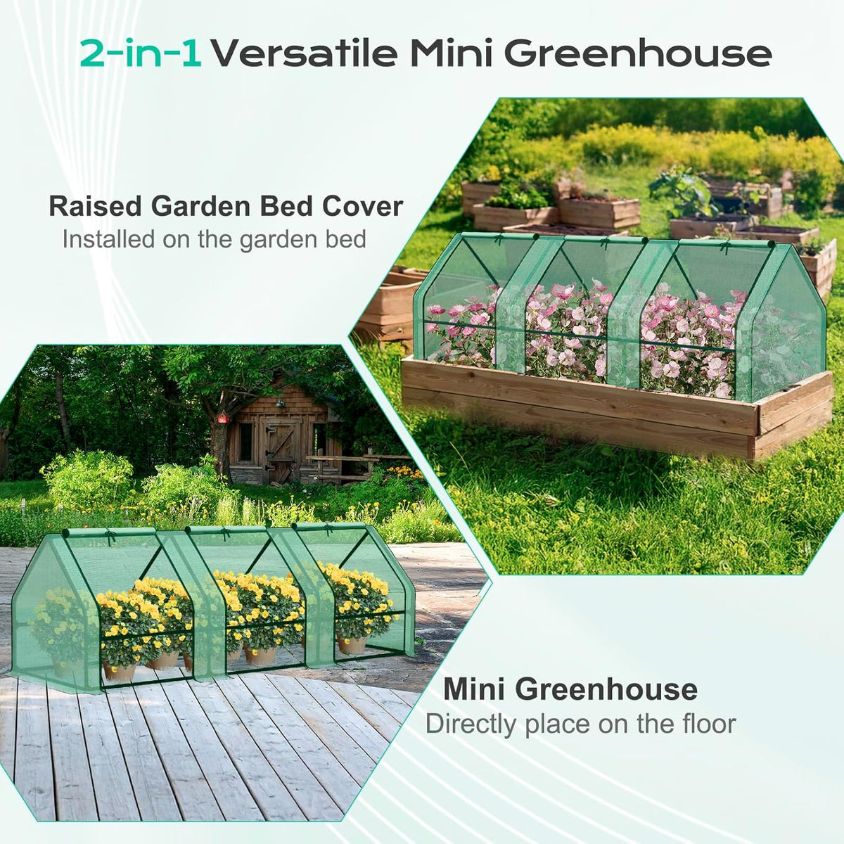 BPS 9x3x3 ft Mini Greenhouse with Green PE Cover UV-Protected Roll-Up Zipper Doors, Ideal for