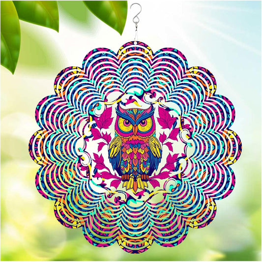 Wind Spinners Outdoor, Owl Metal 3D Hanging Garden Decor, 12-inch Stainless Steel Wind Spinner with