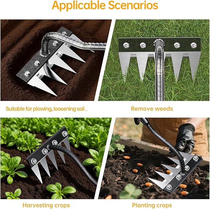 Iron Weeding Rake, 5-Teeth Detachable Gardening Hand Weeder Tool with Ergonomic Grip, Heavy-Duty