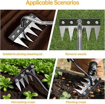 Iron Weeding Rake, 5-Teeth Detachable Gardening Hand Weeder Tool with Ergonomic Grip, Heavy-Duty