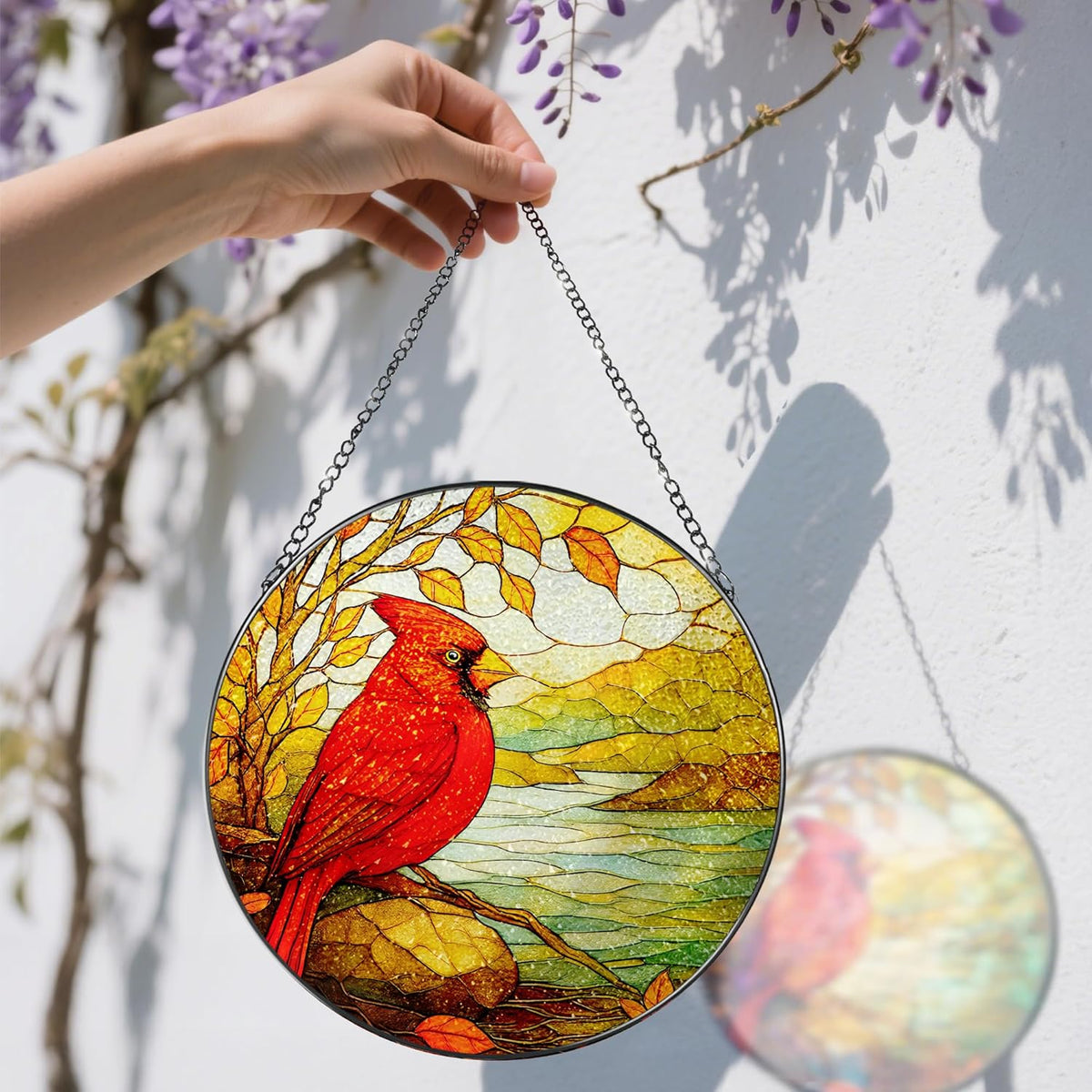 Stained Glass Window Hanging, 8 Inch Cardinal Stained Glass Suncatcher, Memorial Sun Catchers