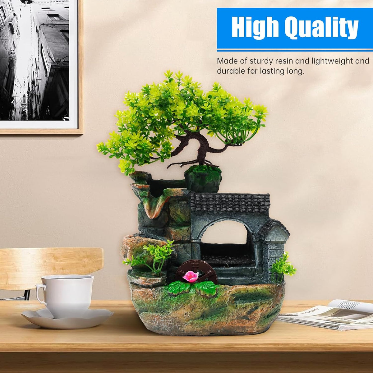 Tabletop Waterfall Fountain – 11 in Rockery Humidifier with Color-Changing LED Light, Adjustable