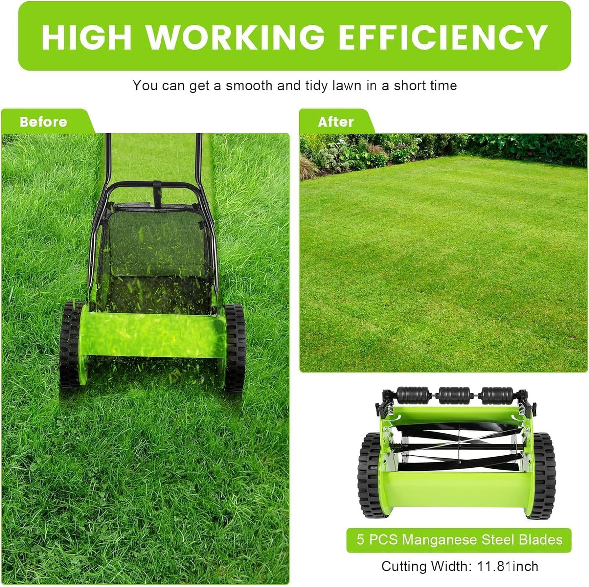 12 Inch Manual Push Reel Lawn Mower with Adjustable Mowing Height, 5 Blades and Collection Bag