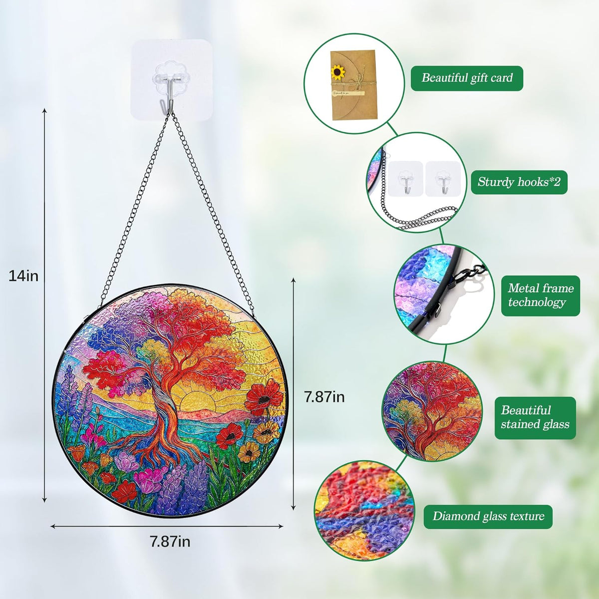 Stained Glass Window Hanging, Tree of Life Sun Catchers Stained Glass Panels for Indoor Windows