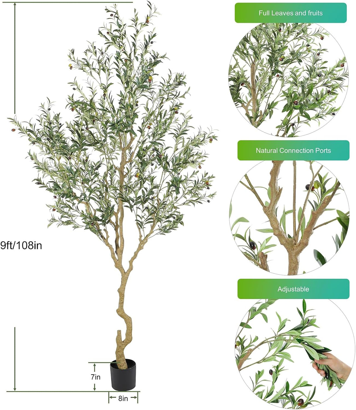 Tall Faux Olive Tree，9ft（108in） Realistic Potted Silk Artificial Olive Tree， Fake Olive Trees