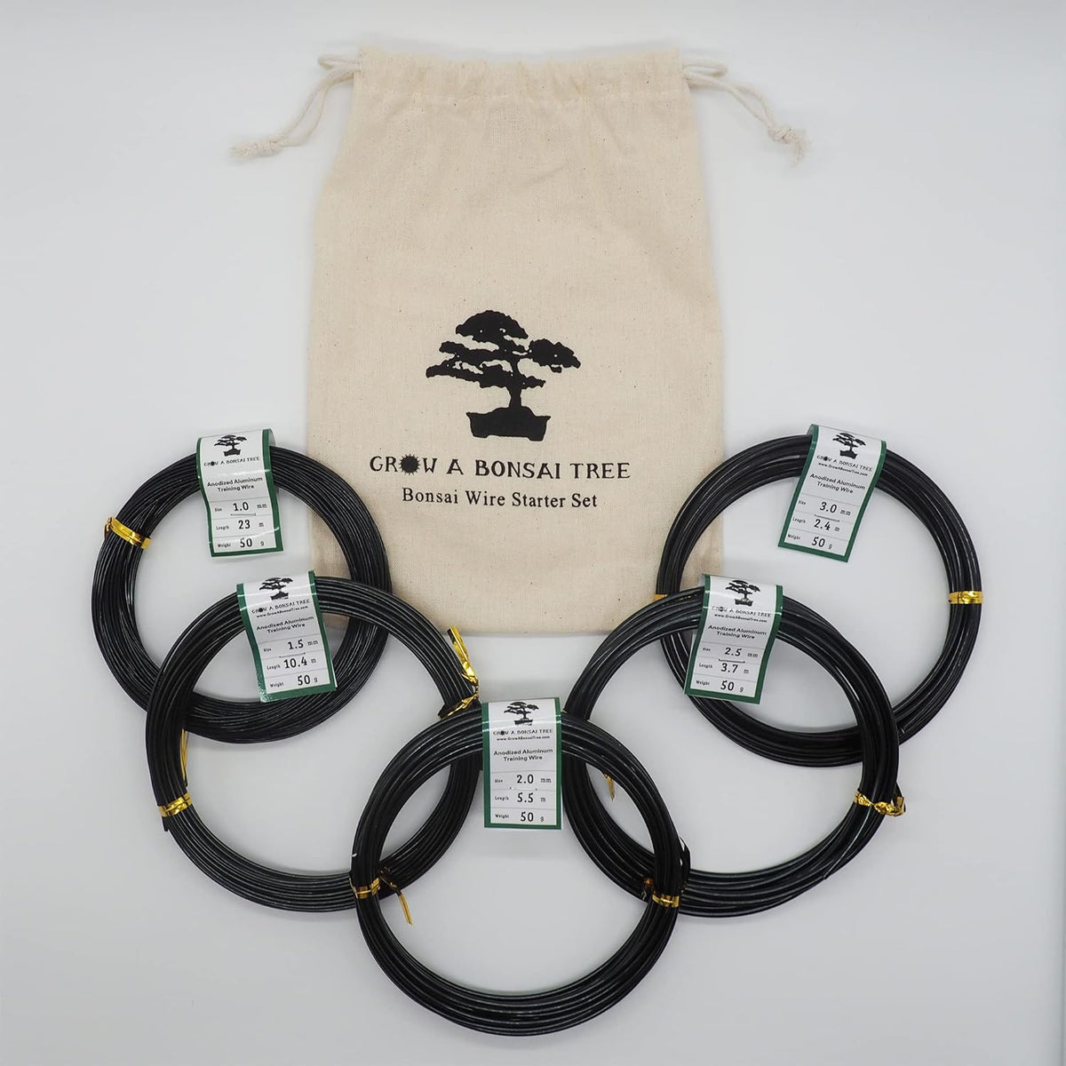 Anodized Aluminum Bonsai Training Wire 5-Size Starter Set with Canvas Bag - 1.0mm, 1.5mm, 2.0mm