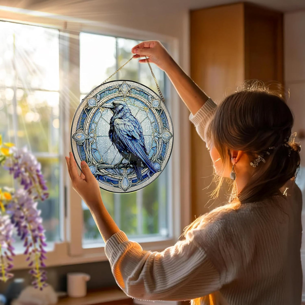 8 Inch Stained Glass Suncatcher Ornament, DOUHASU Crow Sun Catchers Indoor Window, Stained Glass