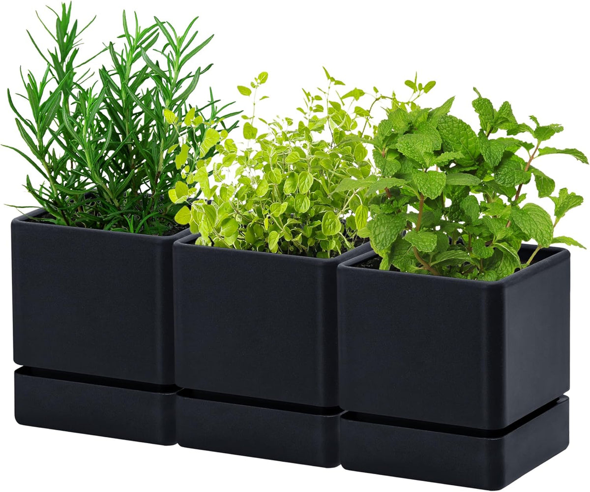 4 Inch Herb Planter Pot, Plastic Planter with Drainage Holes and Saucer, Modern Decorative