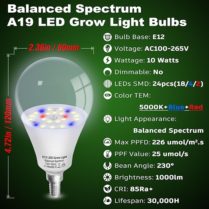 Grow Light Bulbs E12 Candelabra Small Screw Base for Indoor Plants Full Spectrum,Grow LED Light