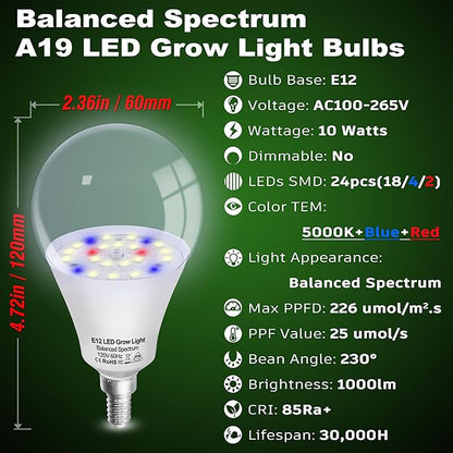 Grow Light Bulbs E12 Candelabra Small Screw Base for Indoor Plants Full Spectrum,Grow LED Light