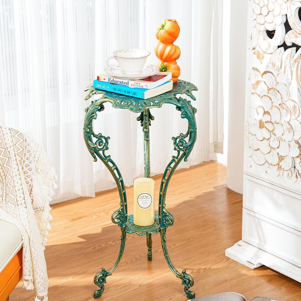 Sungmor Vintage Cast Iron Plant Stand - Ornate Green Pedestal Table for Indoor Outdoor Garden
