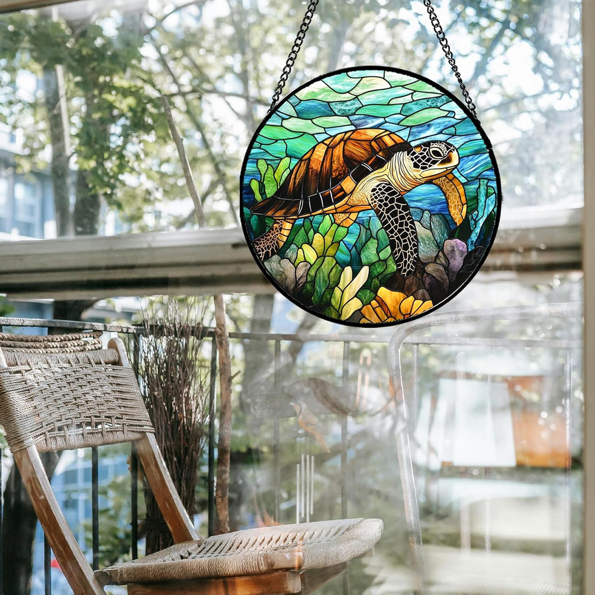 Stained Glass Window Hanging - Cute Sea Turtle Suncatcher for Door Garden Yard Blue Ocean Sun