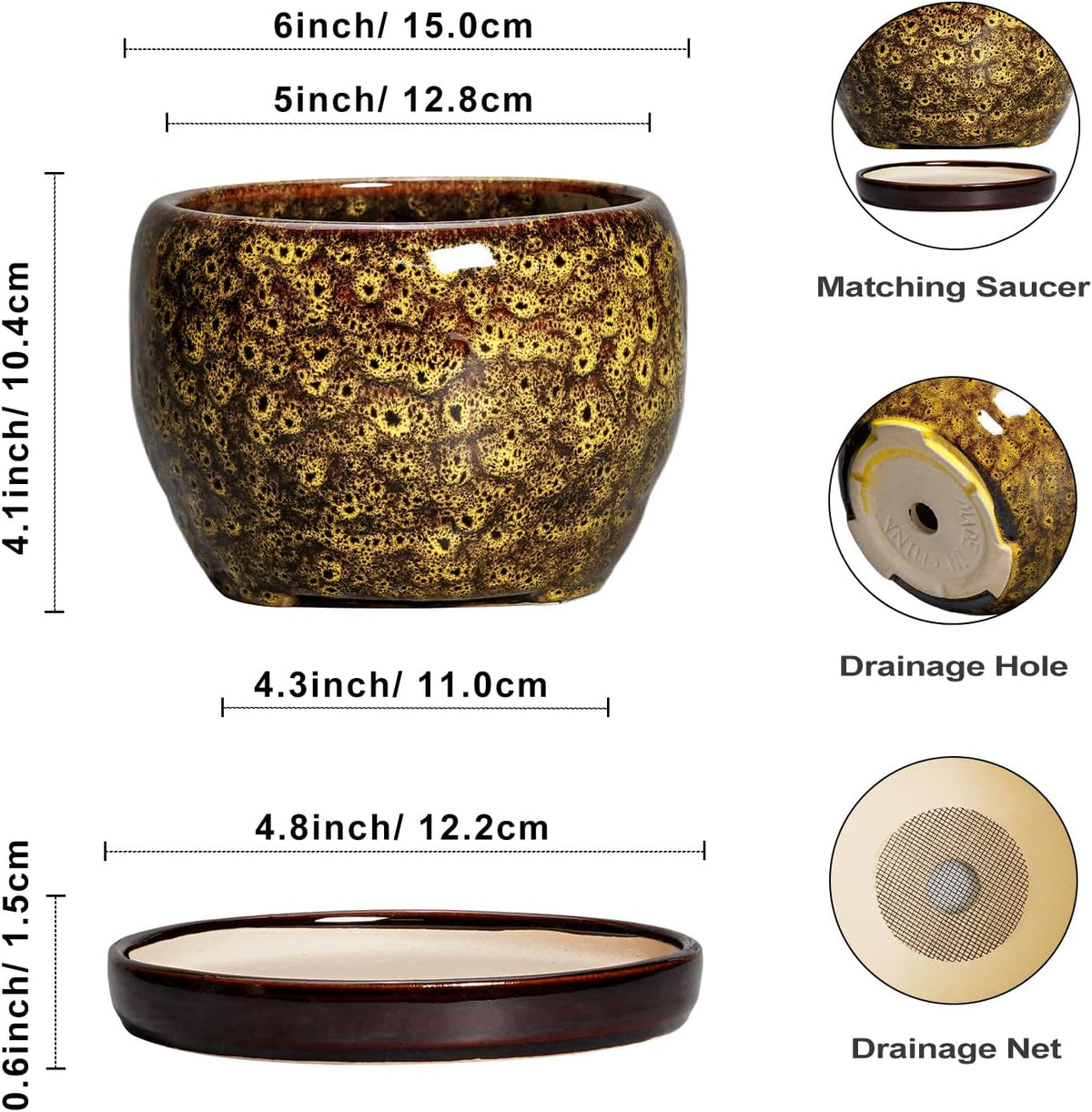 SQOWL 6 Inch Plant Pot - Ceramic Flower Pots with Drainage Hole and Saucer, Ceramic Planter for