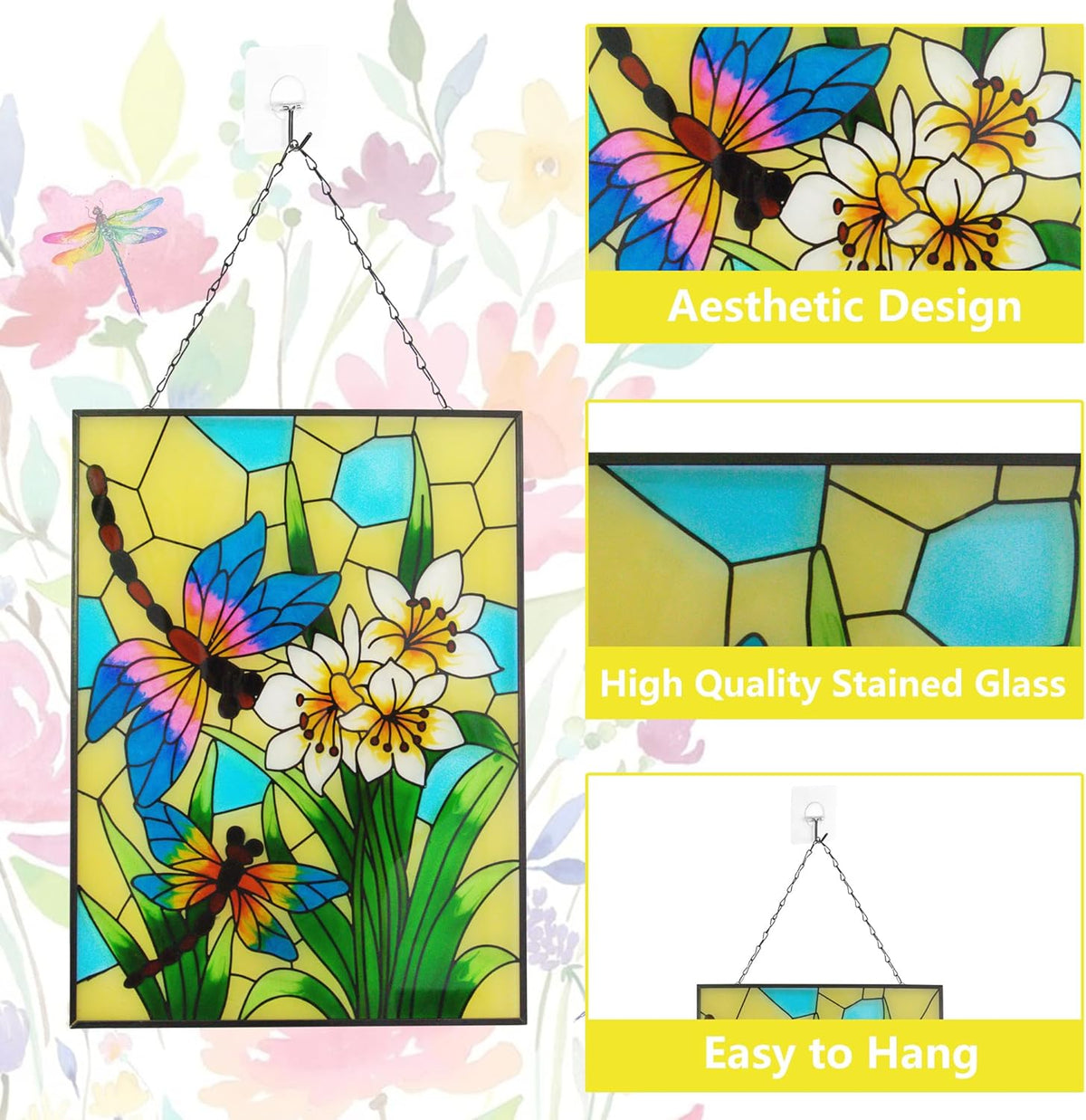 Stained Glass Window Hanging, Dragonfly Glass Art Decor, Sun Catchers Indoor Window, Rectangle