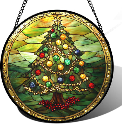 Stained Glass Window Hanging - Green Christmas Tree Gold Ribbon Suncatcher for Doors Home Christmas
