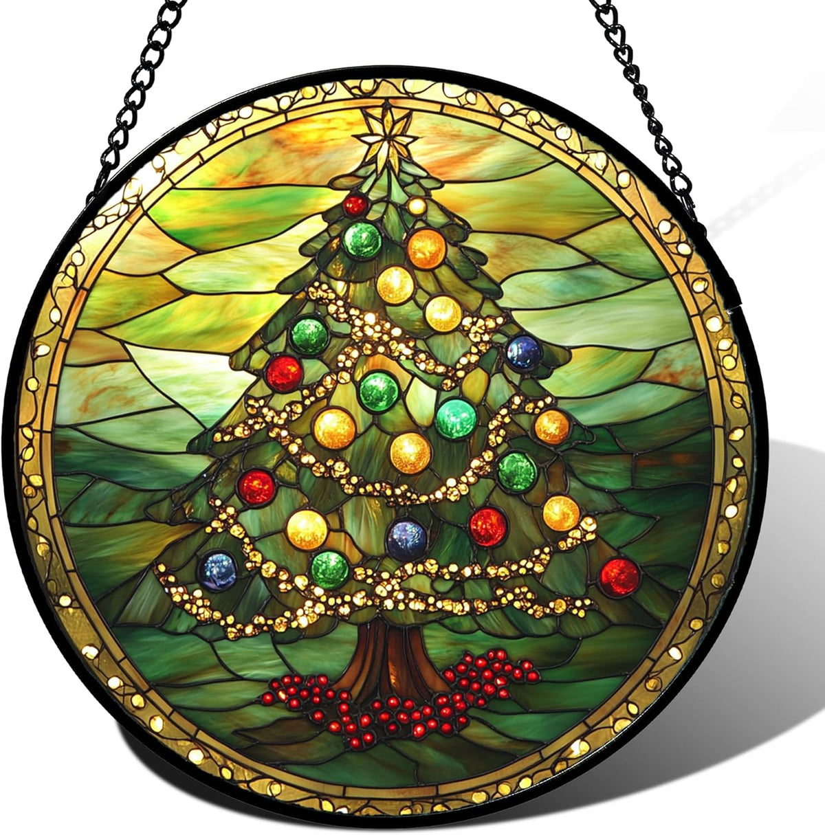 Stained Glass Window Hanging - Green Christmas Tree Gold Ribbon Suncatcher for Doors Home Christmas