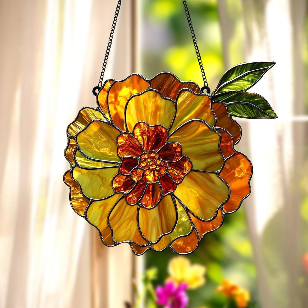 Marigold October Birth Month Flower Acrylic Suncatcher Stained Glass Effect Window Car Hanging
