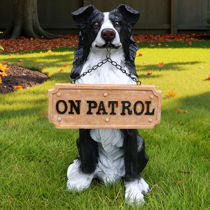 Border Collie Outdoor Dog Statue with Reversible “Welcome/ON Patrol” Plaque and Solar Path Lantern