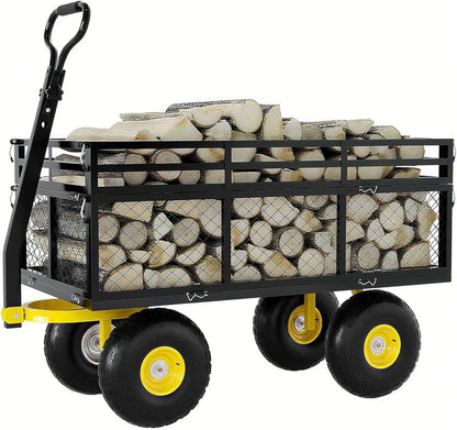 Metal Wagon - 1400lbs Garden Cart with 10" Multi-Terrain Tires, 4 Removable Mesh Sides & 180°
