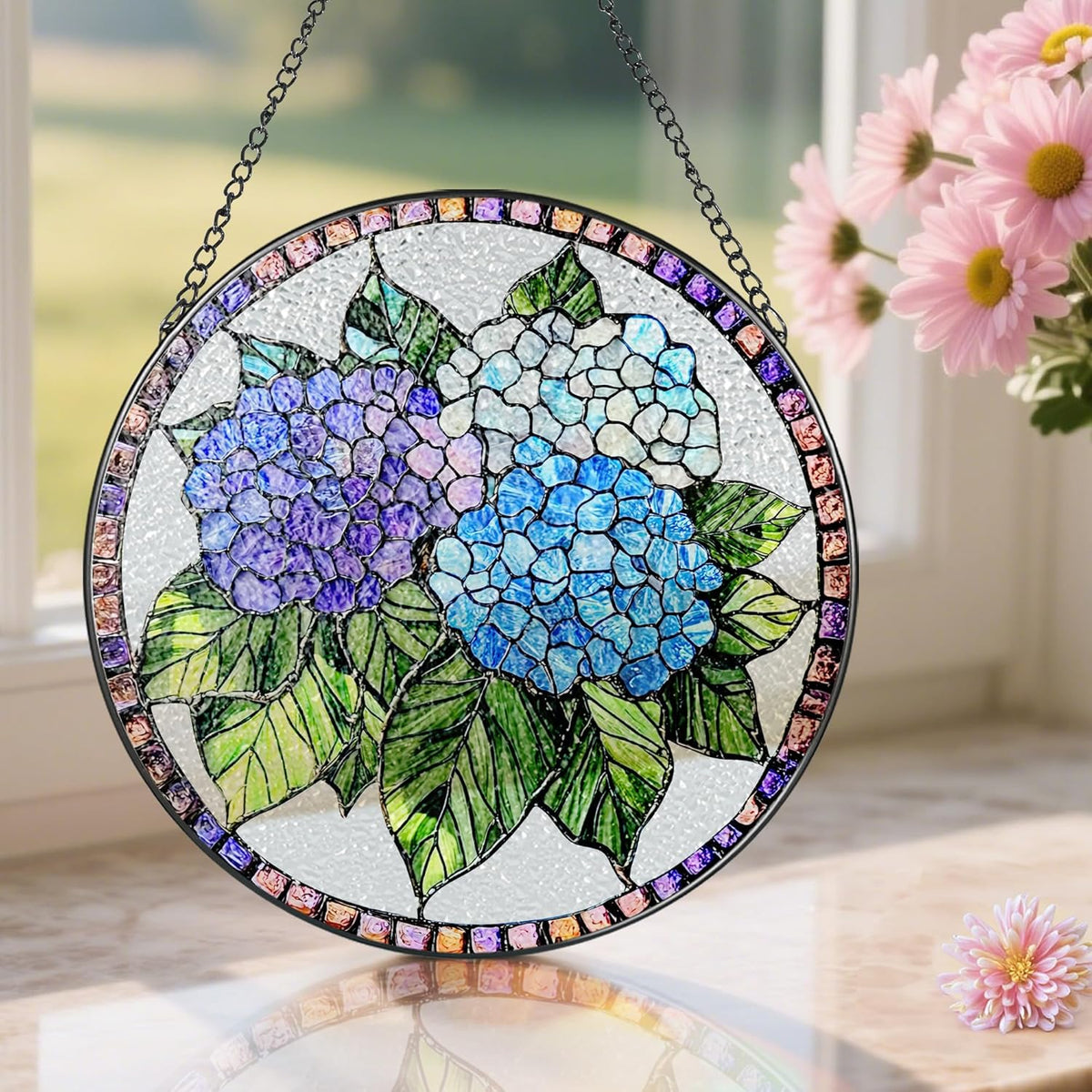 8-Inch Stained Glass Ornament, Stained Glass Window Hanging, Window Hanging Decor Suncatcher, Blue