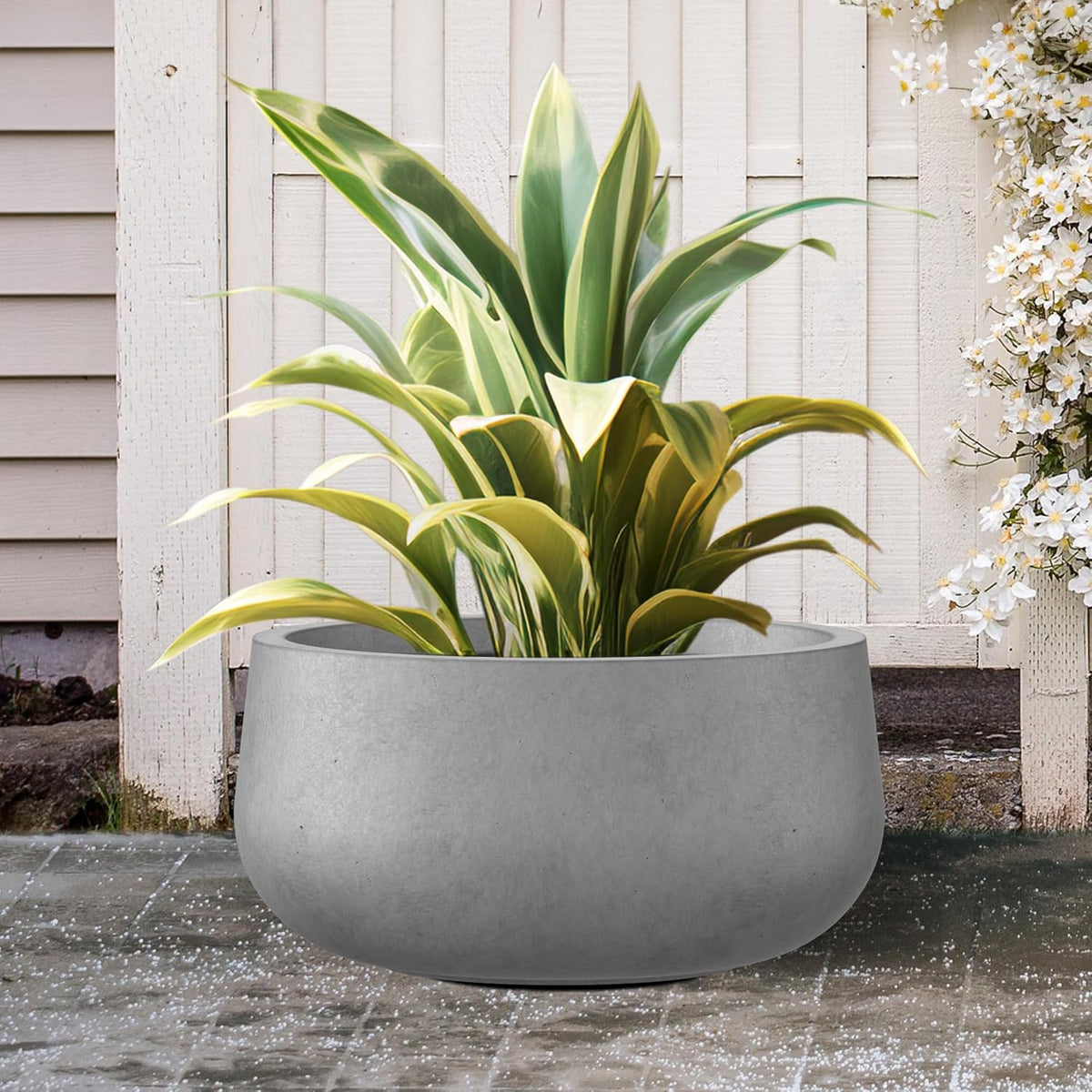 Kante 19.6" Dia Round Concrete Planter, Cement Plant Pots with Drainage Hole and Rubber Plug for