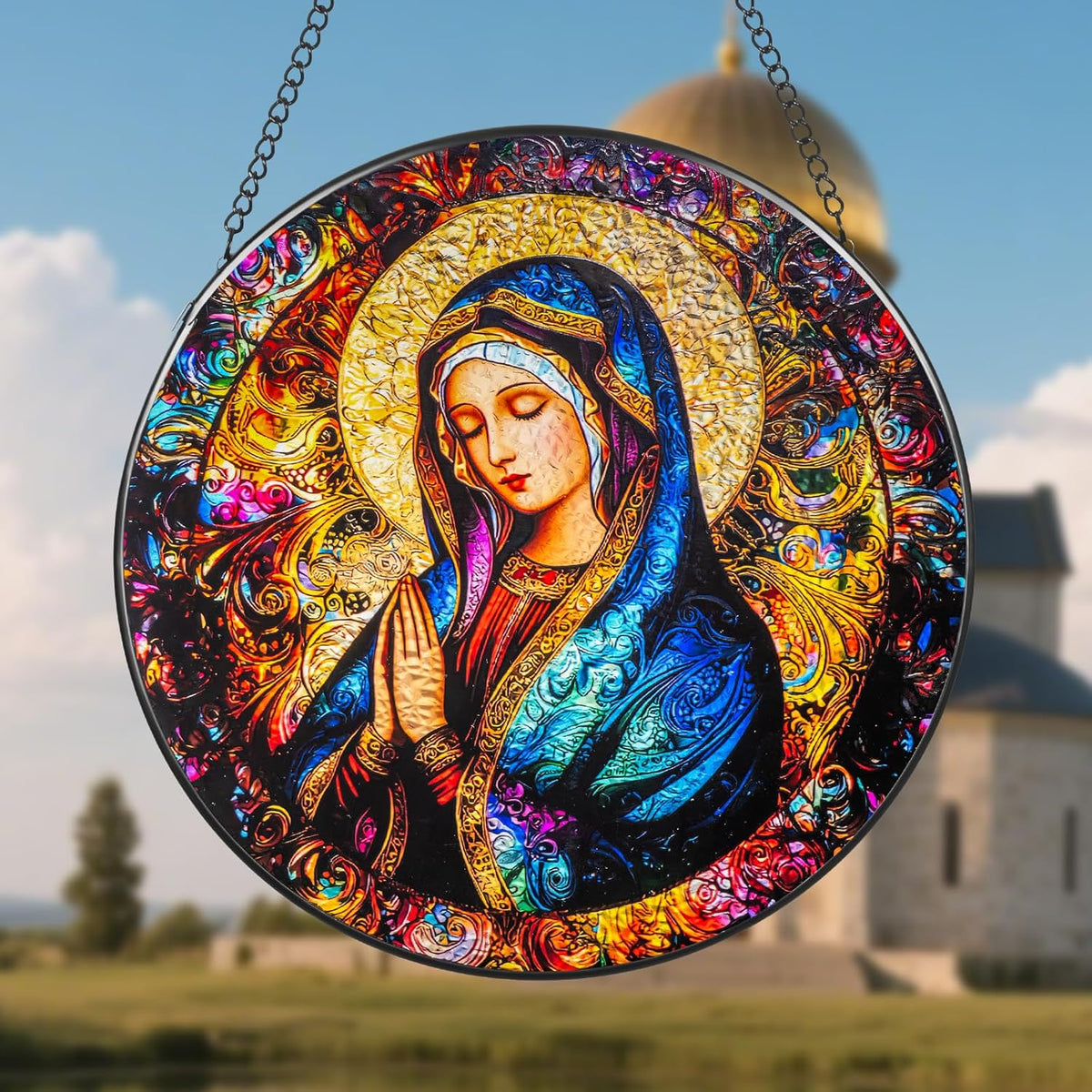 Suncatcher Stained Glass Window Hanging - Mother Mary Glass Panel with Metal Chain and Hooks
