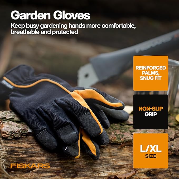 Fiskars Flower Gardening Tool Set with Floral Pruner, Trowel, Cultivator, Garden Gloves, and