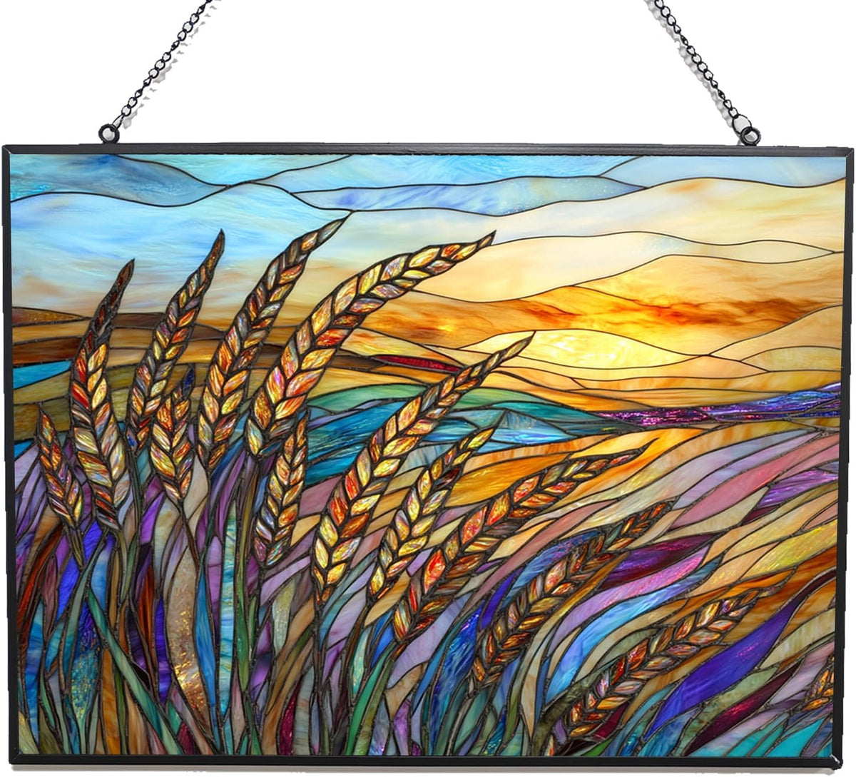 Personalized Rectangle Art Nouveau Swaying Wheat Field Stained Glass Window Hanging, Stained Glass