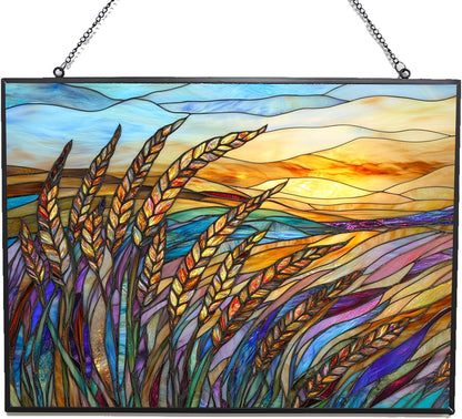 Personalized Rectangle Art Nouveau Swaying Wheat Field Stained Glass Window Hanging, Stained Glass