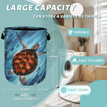 Sea Turtle Laundry Basket Foldable With Handles Watercolor Turtles Tote Bag Oxford Cloth Colorful